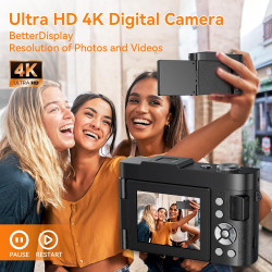 Appareil Photo Numérique, 4K 50MP Appareil Photo Compact avec Écran Rabattable 180° Caméra de Vlogging avec Carte 32GB, Zoom Num