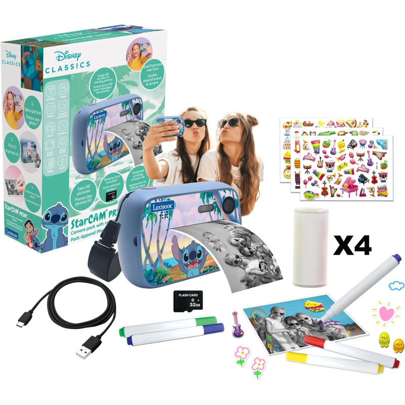 Lexibook, Disney Stitch, Appareil Photo StarCAM Print avec imprimante instantanée, Fonctions Photo et vidéo, Carte Micro-SD 32Go