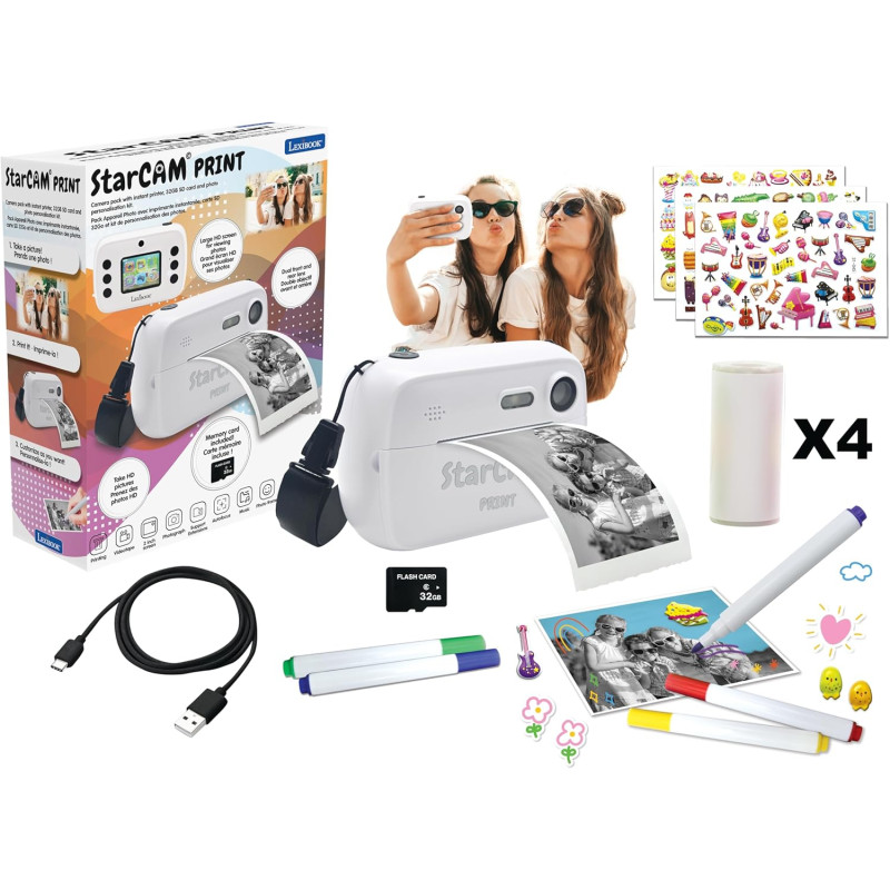 Lexibook, StarCAM Print, Appareil Photo avec imprimante instantanée, Fonctions Photo et vidéo, Carte Micro-SD 32Go et kit de Per