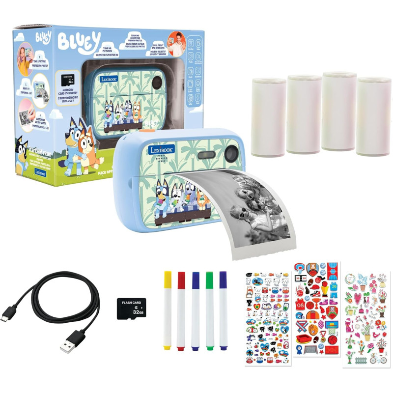 Lexibook, bleuy, appareil photo starcam print avec imprimante instantanée, fonctions photo et vidéo, carte micro-sd 32go et kit 