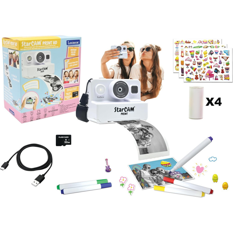 Lexibook, StarCAM Print HD, Appareil Photo avec imprimante instantanée, Fonctions Photo, vidéo, Selfie, Musique, Jeux, Kit de cu