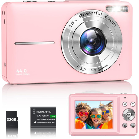 Appareil Photo Numérique 1080P Appareil Photo 44 MP Appareil Photo Compact Portable avec Écran LCD 2,4", Zoom Numérique 16X, Car