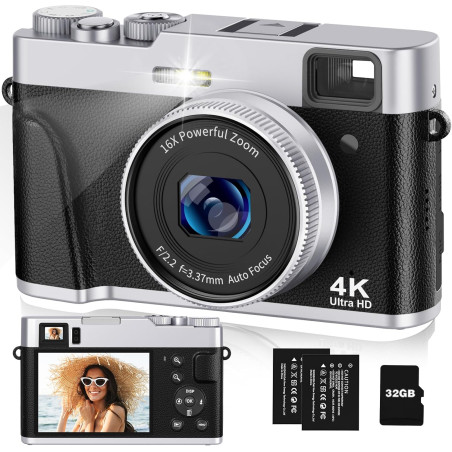 Appareil photo numérique 4K avec viseur optique, autofocus 48 MP, zoom numérique 16X, stabilisation d'image, flash intégré, cart