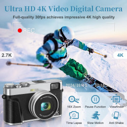Appareil photo numérique 4K avec viseur optique, autofocus 48 MP, zoom numérique 16X, stabilisation d'image, flash intégré, cart