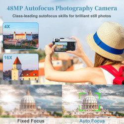 Appareil photo numérique 4K avec viseur optique, autofocus 48 MP, zoom numérique 16X, stabilisation d'image, flash intégré, cart