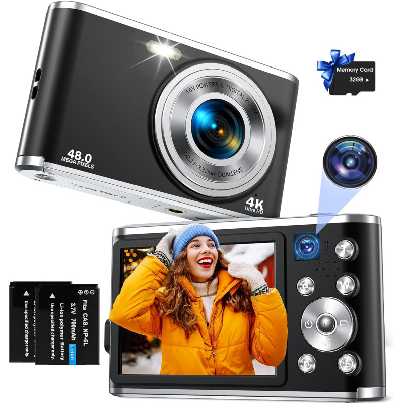 Appareil Photo numérique, Autofocus 4K Appareil Photo Compact avec Carte mémoire 32 Go, Double Objectif HD 48 MP, Zoom numérique