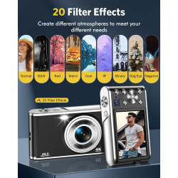 Appareil Photo numérique, Autofocus 4K Appareil Photo Compact avec Carte mémoire 32 Go, Double Objectif HD 48 MP, Zoom numérique