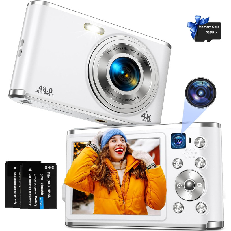 Appareil Photo numérique, Autofocus 4K Appareil Photo Compact avec Carte mémoire 32 Go, Double Objectif HD 48 MP, Zoom numérique