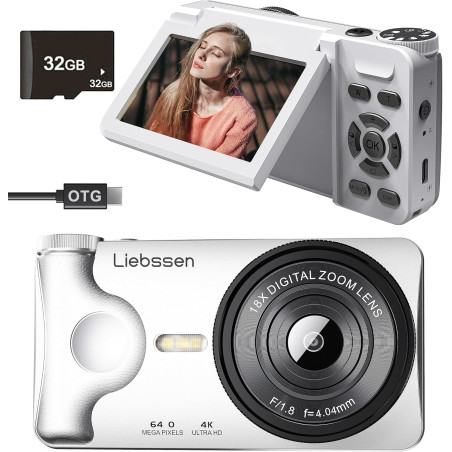 Appareil Photo numérique 4K 64MP Autofocus Pliable 3,0 Pouces 180° Rechargeable Portable pour Photos&Vlogs & 20 Filtres 2000mAh 