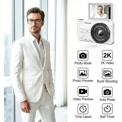 Appareil Photo numérique 4K 64MP Autofocus Pliable 3,0 Pouces 180° Rechargeable Portable pour Photos&Vlogs & 20 Filtres 2000mAh 