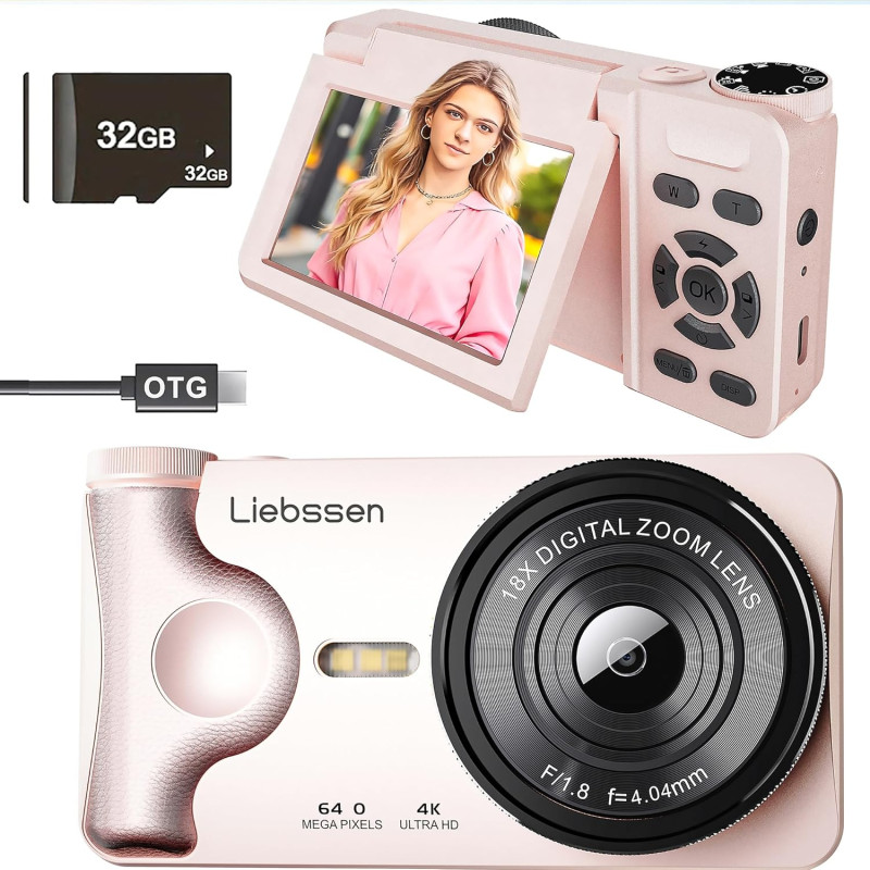 Appareil Photo numérique 4K 64MP Autofocus Pliable 3,0 Pouces 180° Rechargeable Portable pour Photos&Vlogs & 20 Filtres 2000mAh 