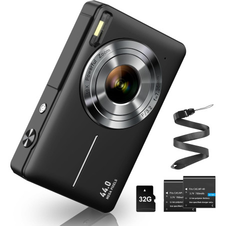 Appareil photo numérique 1080P 44MP avec carte FHD de 32G - Appareil photo avec zoom numérique 16X - Appareil photo numérique po