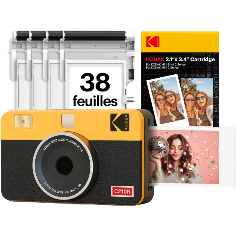 KODAK Mini Shot 2 Retro 4Pass Appareil Photo instantané 2 en 1 avec imprimante Photo (5,3 x 8,6 cm) et 1 Paquet de 38 Feuilles (