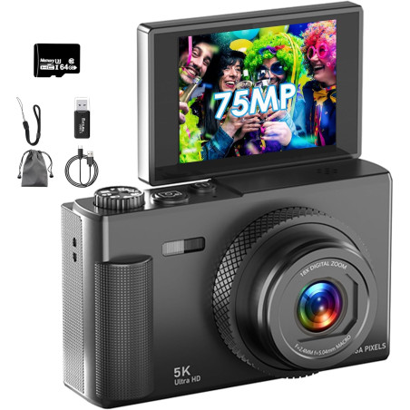 Appareil Photo Numérique, UHD 5K 75MP Digital Camera avec Carte Micro SD 64 Go, Écran Rotatif à 180° de 2,83'', Zoom 18X, Anti-S