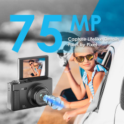 Appareil Photo Numérique, UHD 5K 75MP Digital Camera avec Carte Micro SD 64 Go, Écran Rotatif à 180° de 2,83'', Zoom 18X, Anti-S