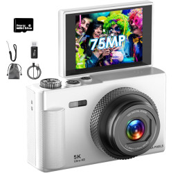 Appareil Photo Numérique, UHD 5K 75MP Digital Camera avec Carte Micro SD 64 Go, Écran Rotatif à 180° de 2,83'', Zoom 18X, Anti-S