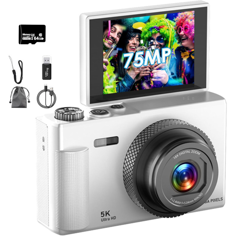 Appareil Photo Numérique, UHD 5K 75MP Digital Camera avec Carte Micro SD 64 Go, Écran Rotatif à 180° de 2,83'', Zoom 18X, Anti-S