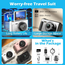 Appareil Photo Numérique, UHD 5K 75MP Digital Camera avec Carte Micro SD 64 Go, Écran Rotatif à 180° de 2,83'', Zoom 18X, Anti-S