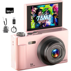 Appareil Photo Numérique, UHD 5K 75MP Digital Camera avec Carte Micro SD 64 Go, Écran Rotatif à 180° de 2,83'', Zoom 18X, Anti-S
