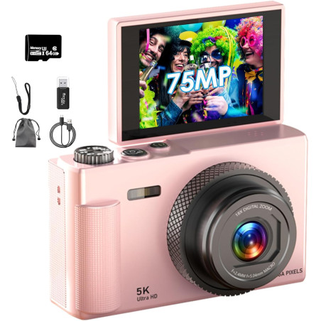 Appareil Photo Numérique, UHD 5K 75MP Digital Camera avec Carte Micro SD 64 Go, Écran Rotatif à 180° de 2,83'', Zoom 18X, Anti-S