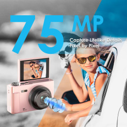 Appareil Photo Numérique, UHD 5K 75MP Digital Camera avec Carte Micro SD 64 Go, Écran Rotatif à 180° de 2,83'', Zoom 18X, Anti-S