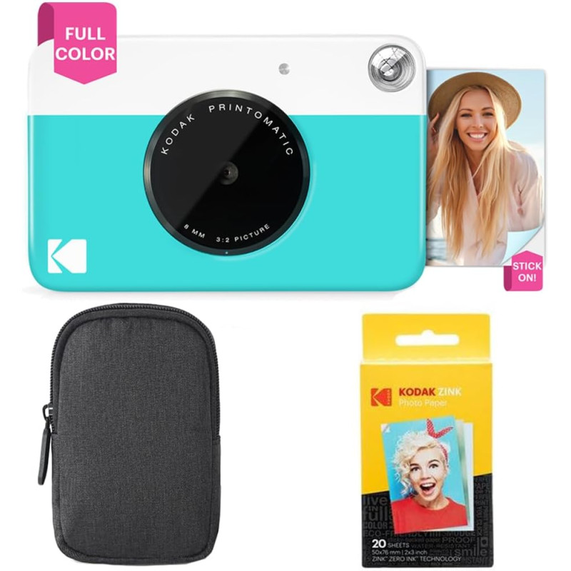 KODAK Appareil Photo Instantané Printomatic (Bleu) Coffret Basique + Papier Zink (20 Feuilles) + boîtier Deluxe + Courroie Confo