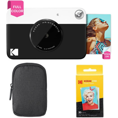 KODAK Appareil Photo Instantané Printomatic (Noir) Coffret Basique + Papier Zink (20 Feuilles) + boîtier Deluxe + Courroie Confo