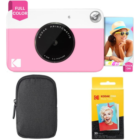 KODAK Appareil Photo Instantané Printomatic (Rose) Coffret Basique + Papier Zink (20 Feuilles) + boîtier Deluxe + Courroie Confo
