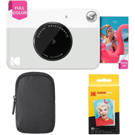 KODAK Appareil Photo Instantané Printomatic (Gris) Coffret Basique + Papier Zink (20 Feuilles) + boîtier Deluxe + Courroie Confo