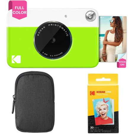 KODAK Appareil Photo Instantané Printomatic (Vert) Coffret Basique + Papier Zink (20 Feuilles) + boîtier Deluxe + Courroie Confo