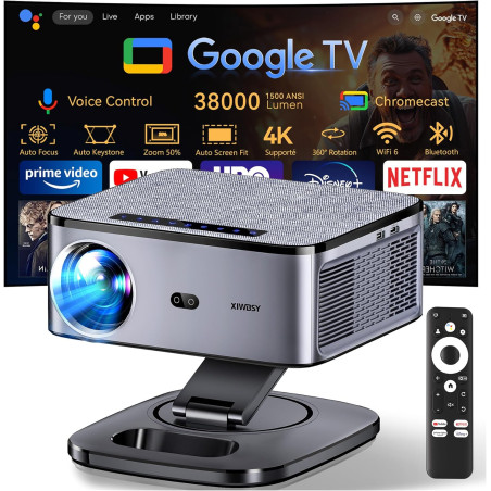 【1500 ansi/google tv/autofokus】 xiwbsy videoprojecteur 4k supporté, 38000 lumen fhd, 360° rotation, projecteur video 4k contrôle