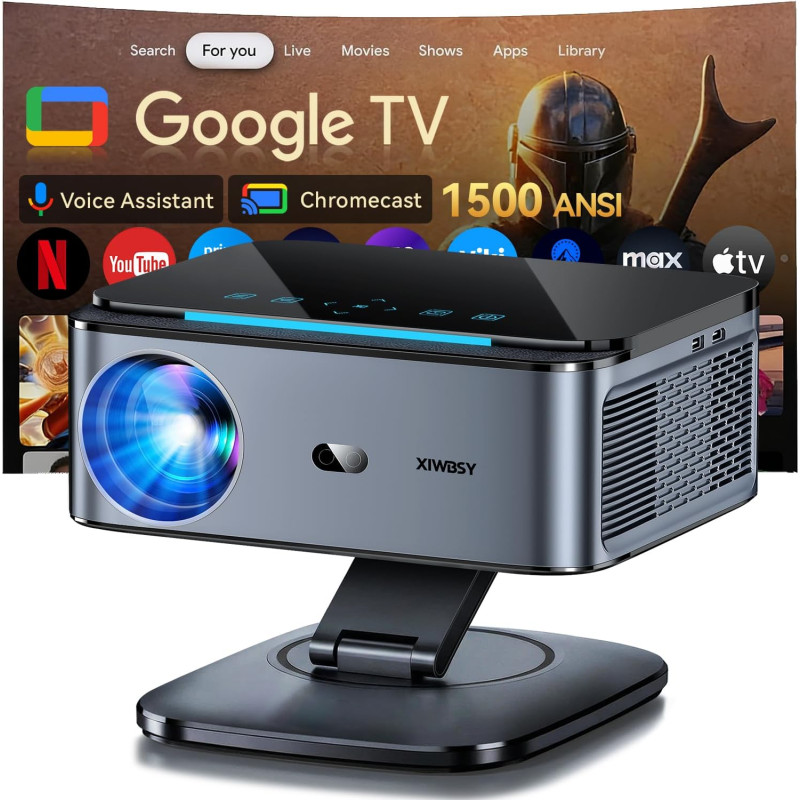 Videoprojecteur【lic off google tv/1500 ansi/rotation 360°】 xiwbsy 2026 projecteur video contrôle vocal, auto focus/keystone, ret