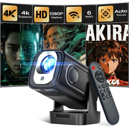 Alwtniet Videoprojecteur 4K, 1080P Mini Projecteur Video Android WiFi 6 BT 5.4, Mise au Point Automatique Correction Trapézoïdal