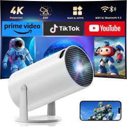 Videoprojecteur avec wifi 6 et bleutooth 5, mini projecteur supporte 4k 1080p auto keystone rotation, apps intégrées, 270° compa