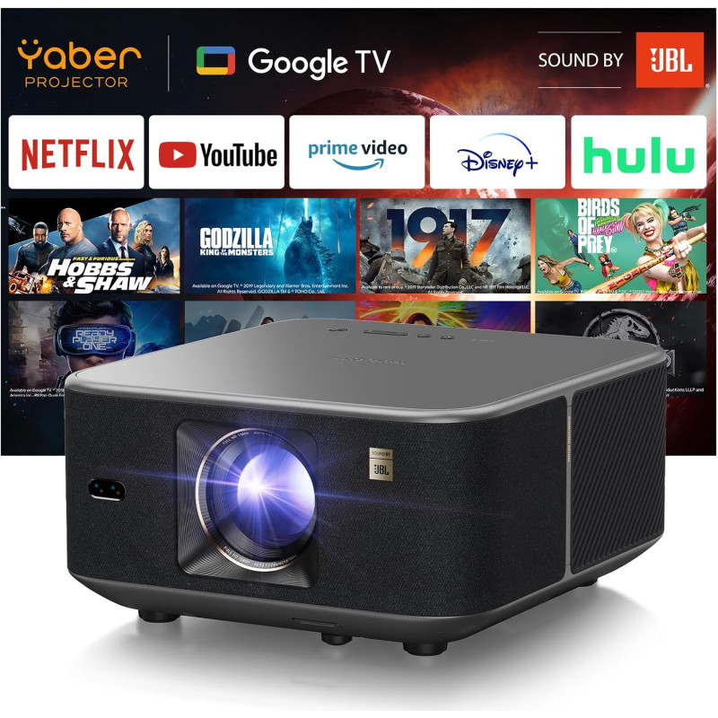 Videoprojecteur avec son jbl, yaber k3 projecteur video google tv, 990 lumens iso, 30w haut-parleurs, wifi6 bleutooth retroproje