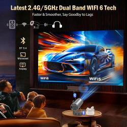 Vidéoprojecteur 4K, Mini Projecteur avec WiFi 6 BT5.4, 270° Rotation, Correction Trapézoïdale, Base de Son, Compatibile avec HDM