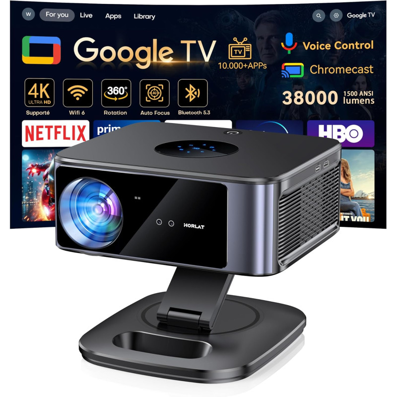 Vidéoprojecteur 4k supporté 1500 ansi 38000 lumen avec google tv officiel, netflix youtube, auto focus, wifi 6 bleutooth 5.3, co