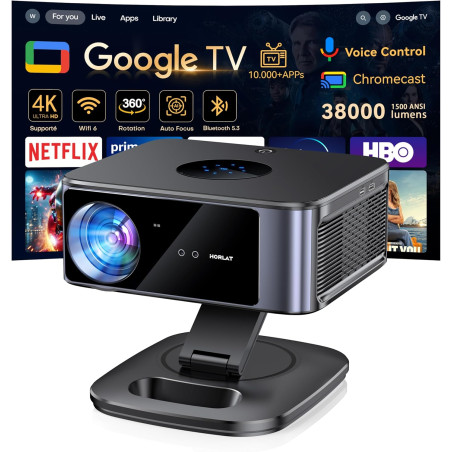Vidéoprojecteur 4k supporté 1500 ansi 38000 lumen avec google tv officiel, netflix youtube, auto focus, wifi 6 bleutooth 5.3, co