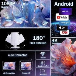 Vidéoprojecteur avec wi-fi 6 & bleutooth,mini projecteur portable supporte 4k 1080p auto keystone rotation 180°, auto keystone r