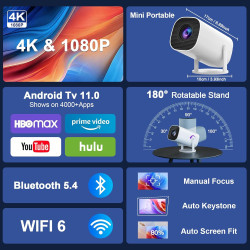 [apps intégrées] mini videoprojecteur 4k full hd 1080p, videoprojecteur portable avec wifi 6 et bleutooth 5.4,retroprojecteur av