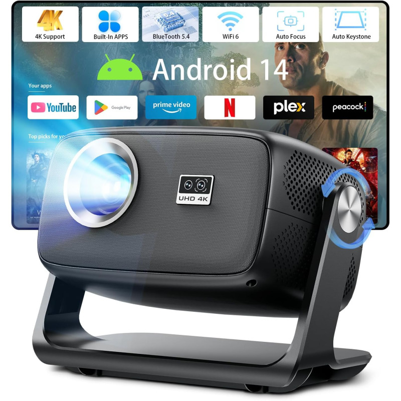 Videoprojecteur 4k【app intégrées/auto focus/rotation 180°】 30000lux projecteur video avec native 1080p, wifi6 et bleutooth 5.4,k