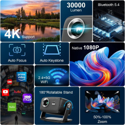 Videoprojecteur 4k【app intégrées/auto focus/rotation 180°】 30000lux projecteur video avec native 1080p, wifi6 et bleutooth 5.4,k