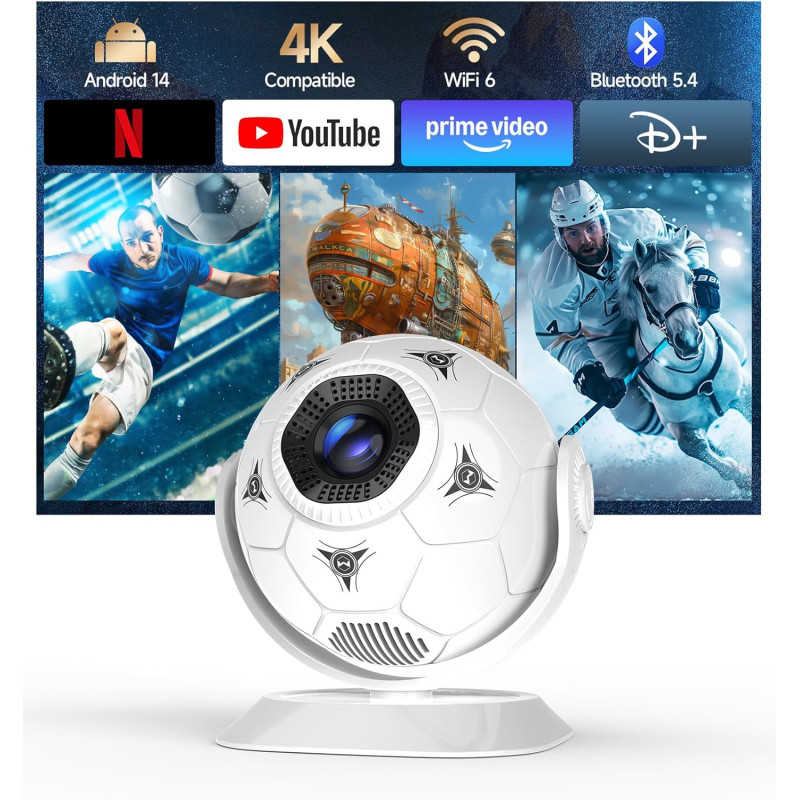 Vidéoprojecteur, Apps Intégrées & 2026 Coupe du Monde Rétroprojecteur, WiFi Mini Projecteur Android Supporte 4K 1080P Auto Keyst