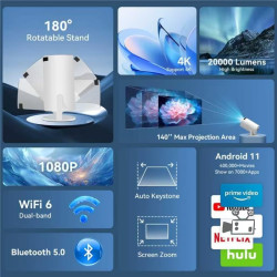 Mini Videoprojecteur avec WiFi 6 & BT 5.0, Portable Projecteur 4K 1080P Supporte, Rotación de 180°, Home & Outdoor Theater, Comp