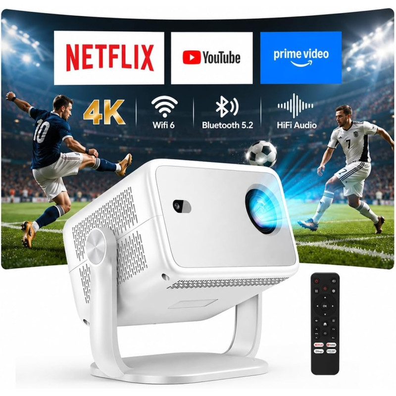 Vidéoprojecteur 4k 【compatible avec netflix/app intégrée】 rotation à 360° mini projecteur video wi-fi 6 & bleutooth 5.2 auto foc