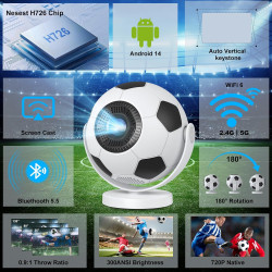 [projecteur de football] mini projecteur, videoprojecteur avec wifi 6 bleutooth 5.4,android 14,supporte 4k,auto keystone rotatio