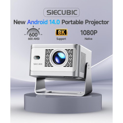 Vidéoprojecteur portable 4k full hd 1080p, mini projecteur 600 lumens ansi, android 14 wifi 6 bleutooth 5.4, correction de disto