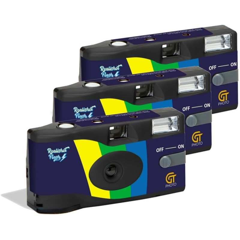 GT PHOTO GT27FL Realishot Flash - Pack de 3 Appareil Photo Jetable 35mm avec Flash, 27 Poses, Idéal pour Événements, Voyages et 