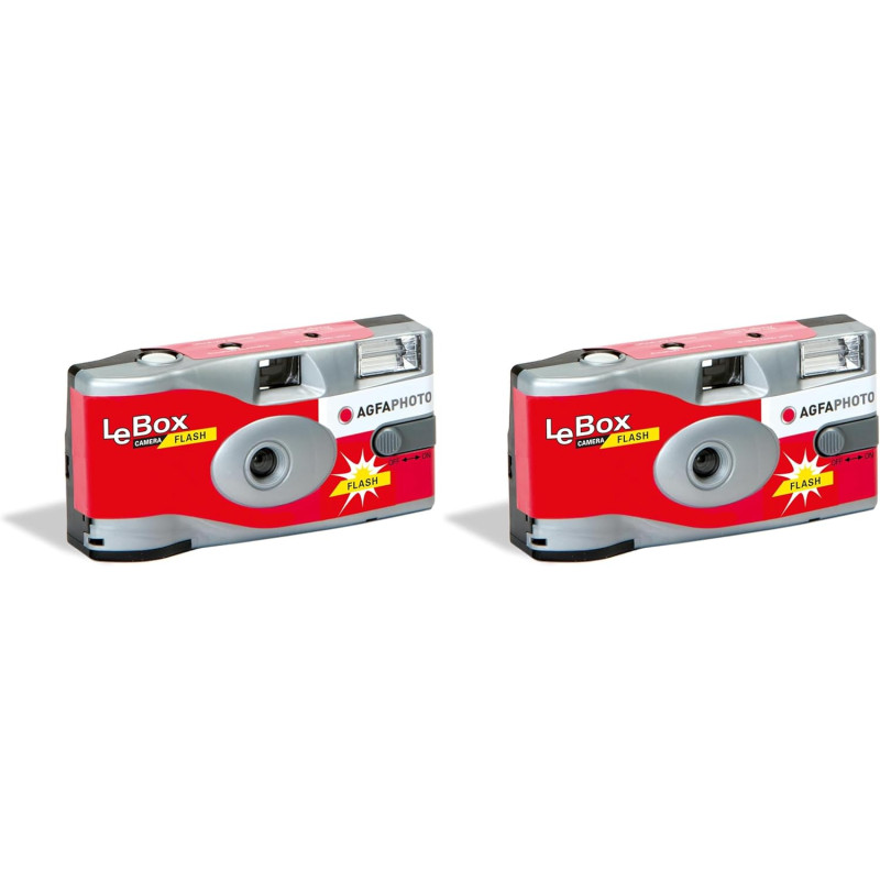 AgfaPhoto 601020 - Appareil Photo Jetable LeBox Flash, 27 Photos, Objectif Optique 31 mm - Gris et Rouge (Lot de 2)