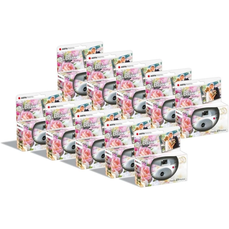AgfaPhoto Pack 10 x 601025 - Appareil Photo Jetable LeBox Wedding, 27 Photos, Objectif Optique 31 mm - Gris